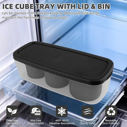 Tcamp Ice Mold for 30-40 oz Tumbler Cup, Silicone Ice Cube Tray With Lid and Bin for Freezer, Ice Ring Ice Maker for Chilling Cocktails, Whiskey, Drinks, Coffee, Easy Fill and Release (Black)