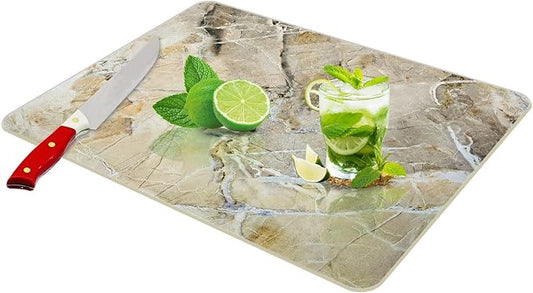 JAMBALAY Tempered Glass Cutting Board for Kitchen, 16"x12" Glass Cutting Board with Design, Chopping Board with Rubber Non Slip Feet, Heat, Shatter Resistant, Dishwasher Safe, WarmBrown