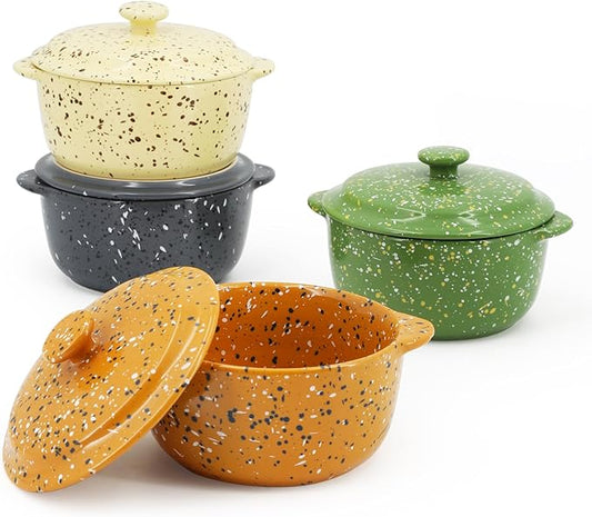 Ceramic Mini Cocotte Set of 4 for Oven,10 Oz Small Casserole Dishes with Handles and Lid,Individual Serving Pot for Souffle,Soup,Cobbler,Stoneware Baking Ramekins,Assorted Colors