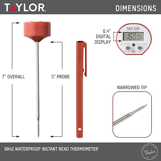Taylor Waterproof Digital Instant Read Thermometer For Cooking, BBQ, Grilling, Baking, And Meat, Comes With Pocket Sleeve Clip, Red - Image 3