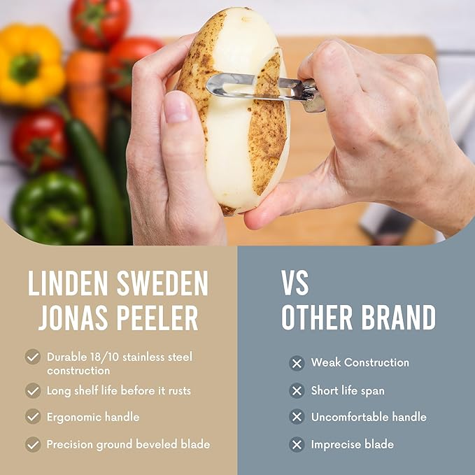 Linden Sweden Original Jonas Vegetable Peelers for Kitchen - Made In Sweden - Carrot Peeler with Ergonomic Handle for Safety and Control - Dishwasher Safe Potato Peelers - 3-Pack - Stainless Steel - Image 6