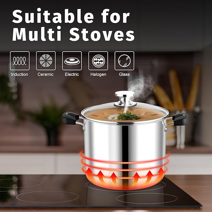 10 Quart 3-Ply Cooking Stock Pot with Lid, P&P CHEF Stainless Steel Large Pot for Pasta Soup, Work on Multi Stove, Heavy Duty & Dishwasher Safe, Dual Heat-resistant Handles & Transparent Glass Lid - Image 7