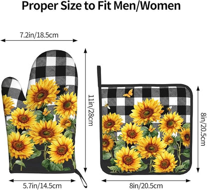 Sunflower Oven Mitts and Pot Holders Sets of 2 Buffalo Plaid Kitchen Mitts Farmhouse Hot Pads for Cooking Baking Grilling - Image 3