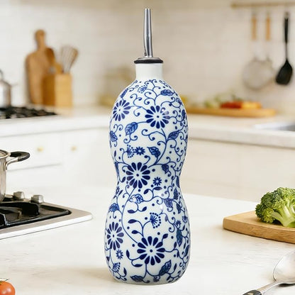 20oz Vintage Ceramic Olive Oil Dispenser Bottle, Gourd Shape Blue and White Porcelain Oil Bottle with Spout and Funnel,Drip-Free Cruet, for Oil, Vinegar, Soy Sauce, Coffee Syrup, Liquids
