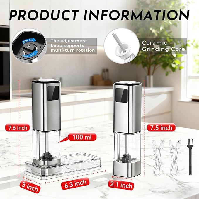 Upgraded Larger Capacity Electric Salt and Pepper Grinder Set Rechargeable with Digital Display, Light & Ceramic Core, Adjustable Coarseness, Stainless Steel Material Sliver 2 Pack - Image 6
