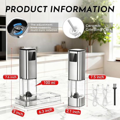 Upgraded Larger Capacity Electric Salt and Pepper Grinder Set Rechargeable with Digital Display, Light & Ceramic Core, Adjustable Coarseness, Stainless Steel Material Sliver 2 Pack - Image 6