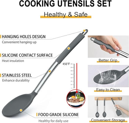 Silicone Cooking Utensils Set, E-far 14-Piece Gray Kitchen Utensils Set with Holder, Kitchen Tools Spatulas with Stainless Steel Handle for Non-stick Cookware, Heat Resistant & Dishwasher safe - Image 3