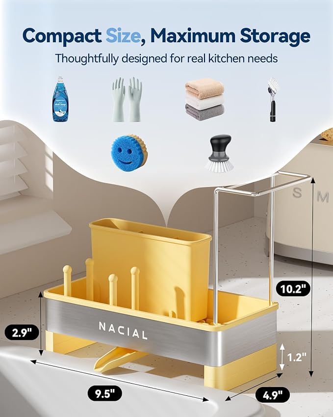 Nacial Sponge Holder for Kitchen Sink, Sink Caddy Organizer with High Brush Holder & Two Towel Racks - Rustproof 304 Stainless Steel Kitchen Countertop Storage Essentials - Yellow - Image 2