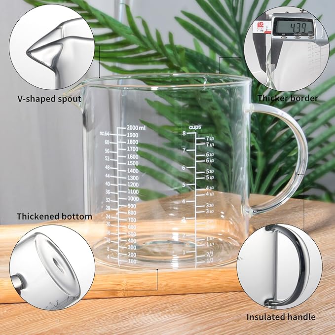 77L Glass Measuring Cup, [Insulated handle, V-Shaped Spout], High Borosilicate Glass Measuring Cup for Kitchen or Restaurant, Easy To Read, 2000 ML (2 Liter, 8 Cup) - Image 7