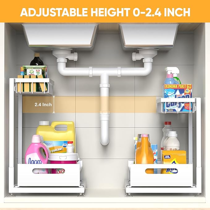 Saydear Under Sink Organizer Storage 2-Tier Premium Metal Pull-Out Kitchen Cabinet Organizer with Sliding Drawer, Height Adjustable, Heavy Duty for Kitchen & Bathroom Organizers 2 Pack White - Image 2