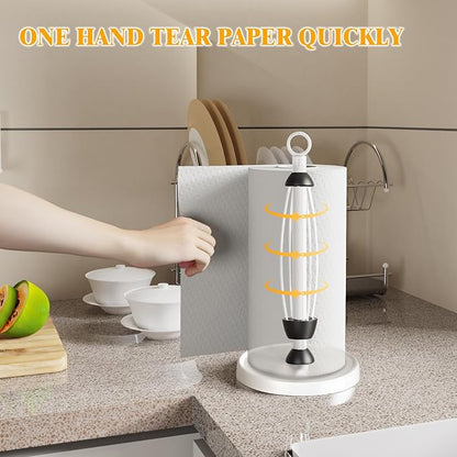 White Paper Towel Holder Countertop, White Kitchen Accessories Decor, One-Handed Tear, Stainless Steel, Weighted Base, Paper Towel Holder Stand with Ratchet System for Kitchen Farmhouse Essentials