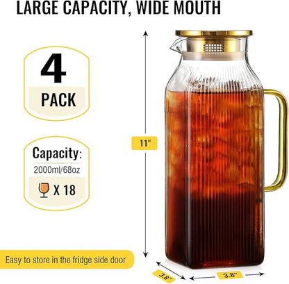 4 Pack 2 Liter/68 oz Square Glass Pitcher with Lid, Classic Stripes Water Pitchers with Handle for Fridge, Large Jug for Iced Tea, Coffee, Borosilicate Glass Carafe for Hot/Cold Brew Drink, Gold - Image 2