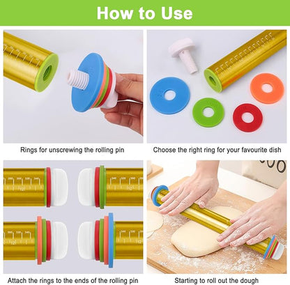 Adjustable Rolling Pins for Baking, Stainless Steel Rolling Pin with Thickness Rings, Metal Dough Roller for Fondant Cookies Pastry Pizza Pasta, Measuring Rolling Pin Baking Tools for Cake Baker, Gold - Image 4
