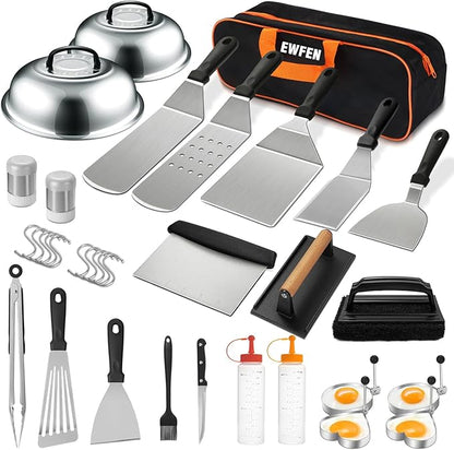 35PCS Griddle Accessories Kit, Flat Top Grill Accessories Set for Blackstone and Camp Chef, Grill Spatula Set with Enlarged Spatulas, Basting Cover, Scraper for Outdoor Barbecue by EWFEN