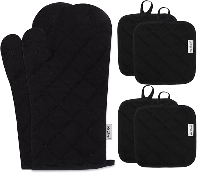 Oven Mitts and Pot Holders Sets,6 Pcs Oven Mitts and Potholders with Recycled Cotton High Heat Resistant Extra Thick Long Oven Mitts for Cooking(Black) by Win+Change