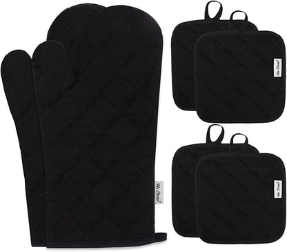 Oven Mitts and Pot Holders Sets,6 Pcs Oven Mitts and Potholders with Recycled Cotton High Heat Resistant Extra Thick Long Oven Mitts for Cooking(Black) by Win+Change
