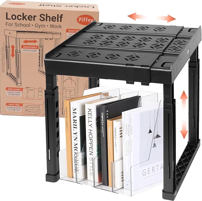 Piffny Locker Organizer Shelf， Adjustable Width and Height, Stackable, Ideal Locker Shelf for School, Office, Gym Lockers, or Even Kitchen Cabinets & Under Sink Organization (Black 1 Pack) by Piffny