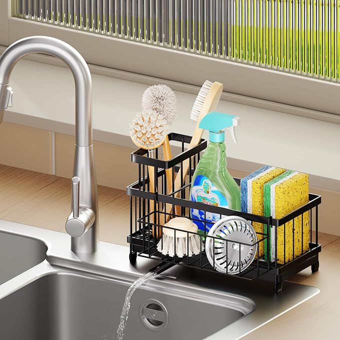 SWTYMIKI Sink Caddy Sponge Holder - Large Sponge Holder for Kitchen Sink with 360°Auto-Drain Tray, Rustproof Stainless Steel Kitchen Organizer Caddy for Countertop Organization - Image 3