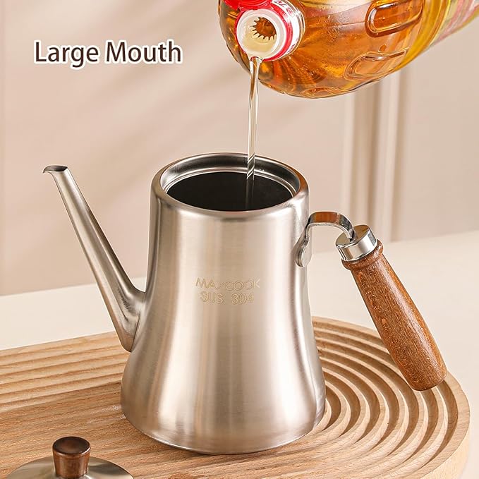 18/8 Stainless Steel Olive Oil Dispenser 500ml/16.9oz Drip-Free Pouring Oil Pot Storage Container Wooden Handle