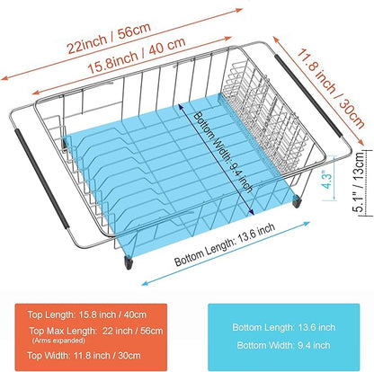 iPEGTOP Expandable Dish Drying Rack Over Sink, Rustproof Stainless Steel Basket Shelf, Multifunctional Dish Drainer Organizer with Utensil Cutlery Holder