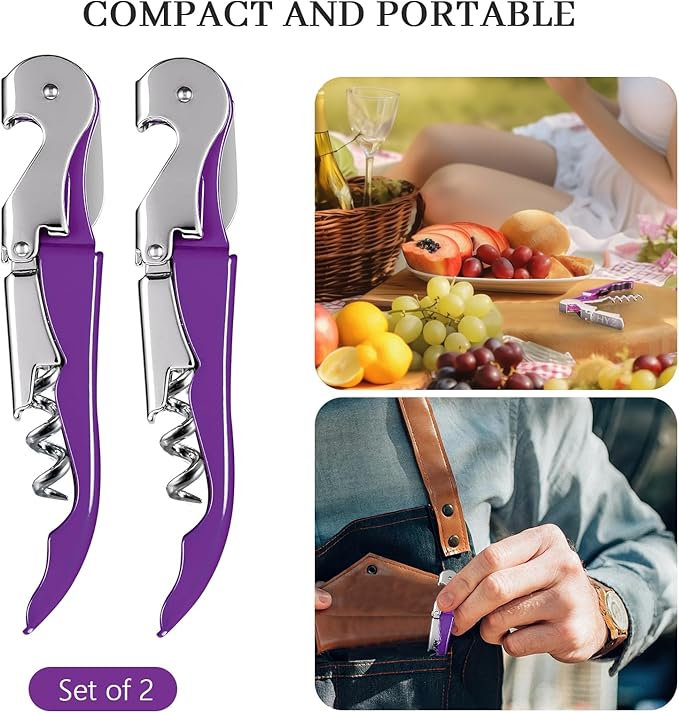HYZ 2-Pack Wine Opener Waiter Corkscrew, Professional Wine Key for Servers, Bartender with Foil Cutter, Manual Wine Bottle Opener Double Hinged (Dark Purple) - Image 7
