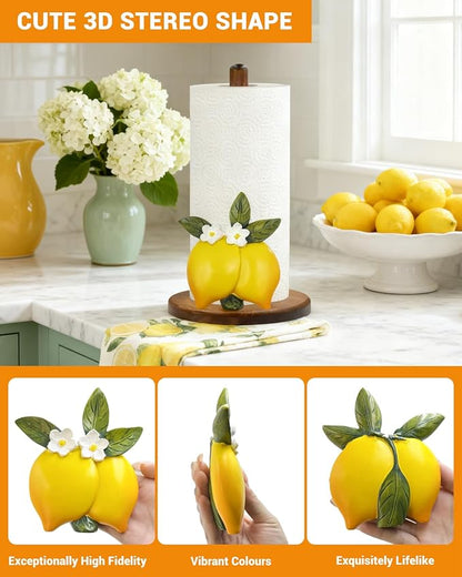Lemon Paper Towel Holder, Yellow Lemon Kitchen Decor for Countertop, Gifts for Women, Wooden Stand with 3D Resin Fruit Accent, Non-Slip Base, Fits Standard & Jumbo Rolls
