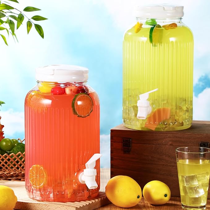 SiliFine 2 Pieces 1 Gallon Plastic Beverage Dispenser with Spigot Striped Clear Large Drink Beverage Dispenser Summer Fridge Water Container with Tap for Party Iced Tea, Sangria, Lemonade (White)