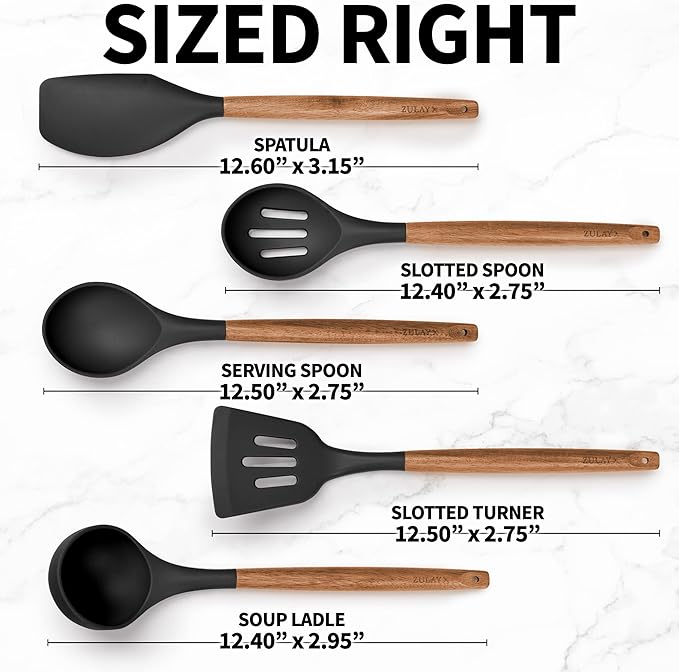 Zulay Kitchen Non-Stick Cooking Utensils Set with Authentic Acacia Wood Handles – 5-Piece Durable & Stylish Silicone Kitchen Utensils Set – Heat Resistant to 464°F – Black - Image 8
