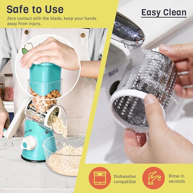 X Home Rotary Cheese Grater for Kitchen, Shredder with 3 Interchangeable Blades, Rotary Grater with Handle and Strong Suction Base, for Vegetables, Fruit, Nuts, Easy to Use and Clean, Blue - Image 7