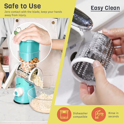 X Home Rotary Cheese Grater for Kitchen, Shredder with 3 Interchangeable Blades, Rotary Grater with Handle and Strong Suction Base, for Vegetables, Fruit, Nuts, Easy to Use and Clean, Blue - Image 7
