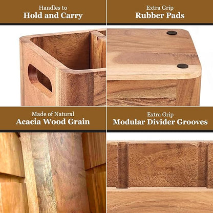 Wooden Caddy Utensil Holder - Premium Acacia Wood Utensil Caddy with Sturdy Design for Easy Organization - Perfect Kitchen Utensil Organizer for Counters, Dining Tables, and Everyday Use