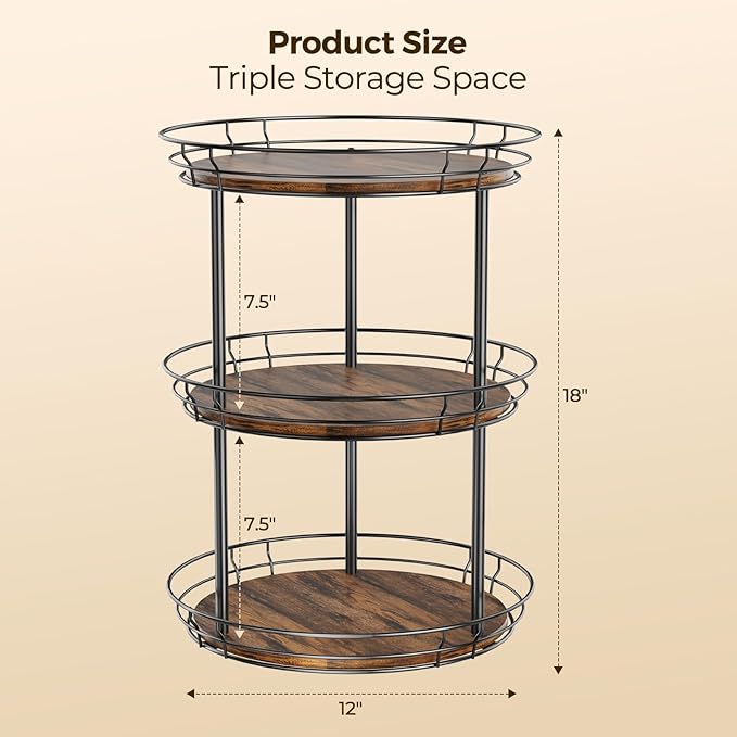 LAMU 12'' Lazy Susan Turntable Organizer, 3 Tier Round Rotating Spice Rack Organization for Kitchen Cabinet and Countertop, Wooden Lazy Susan for Table Top, Pantry, Bathroom, Vanity, Home Decor - Image 6