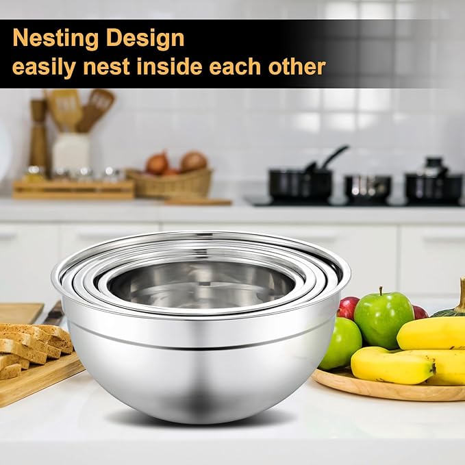hunnycook 5 Piece Mixing Bowl Set - Mixing Bowls with Lid, Stainless Steel Mixing Bowls for Baking, Size 1.5, 2.1, 3.5, 4, 4.5QT, Baking Bowl for Food Preparation, Mixing and Serving Foods - Image 4