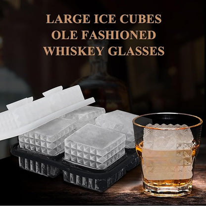 2-Inch Whiskey Ice Cubes Mold,Silicone Ice Cube Trays with Lid | Diamond Textured Large Square Ice Cube Mold, Big Bourbon Ice Cube Molds,Ice Tray-Ice Molds for Whiskey,Cocktails,Old Fashioned