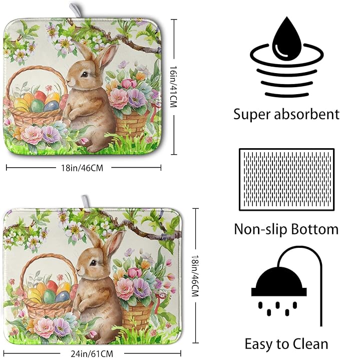 Happy Easter Bunny Kitchen Dish Drying Mat for Dishes 18x24 Inch Spring Colorful Floral Flower Basket Drying Mats Easter Eggs Dish Drainer Mat Super Absorbent Dish Rack Pad for Coffee Bar Sinks - Image 2
