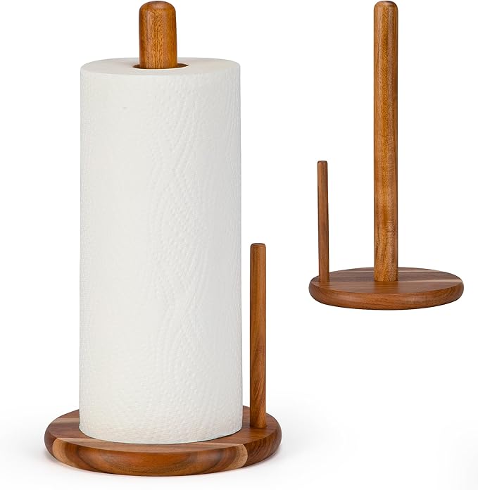 Acacia Wood Paper Towel Holder Countertop, Wooden Paper Towel Holder Thicken Base for Kitchen, Easy to Assemble, Sturdy, Durable, Natural Wood Color by E-ROOMTREND
