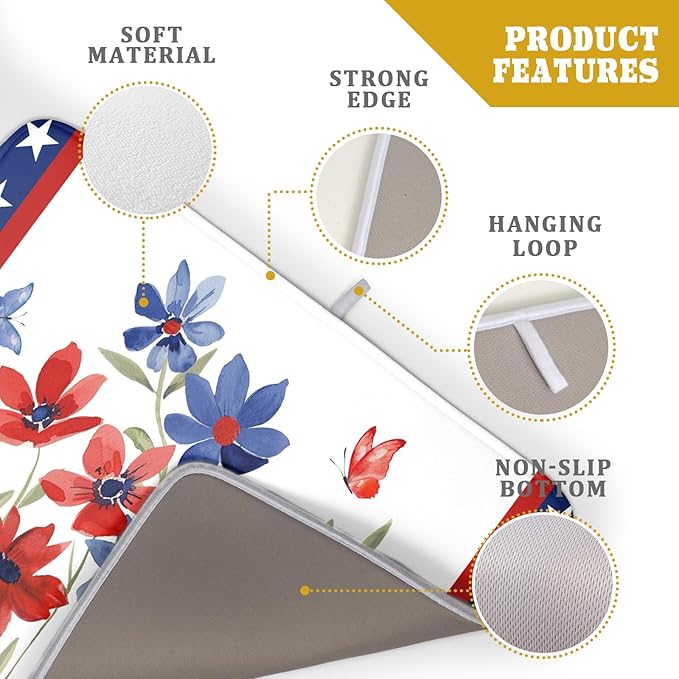 Giwawa 4th of July Flower Dish Drying Mat 18"x24" Independence Day Stars Dish Drainer Mats Watercolor Patriotic Floral Microfiber Dish Drying Rack Pad for Kitchen Countertop Large Decor