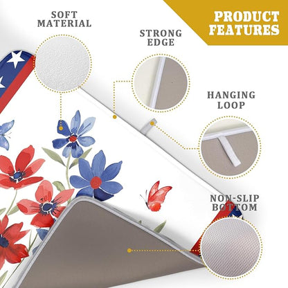 Giwawa 4th of July Flower Dish Drying Mat 18"x24" Independence Day Stars Dish Drainer Mats Watercolor Patriotic Floral Microfiber Dish Drying Rack Pad for Kitchen Countertop Large Decor