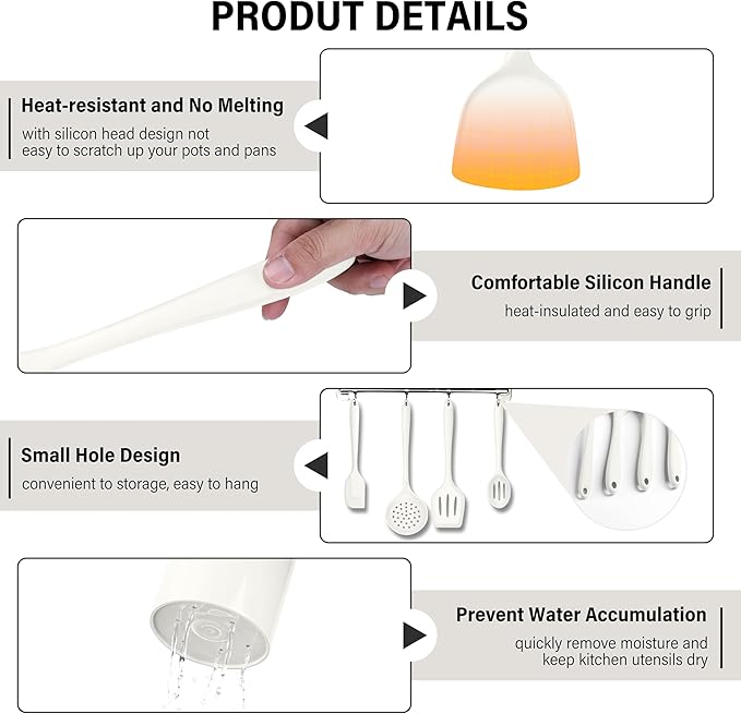 HaWare 11 PCS Silicone Cooking Utensils Set, Heat Resistant Kitchen Utensils with Holder, Food-grade Spatula Sets for Nonstick Cookware, Kitchen Tools Gadgets Include Fish Turner, Spoon (White) - Image 4
