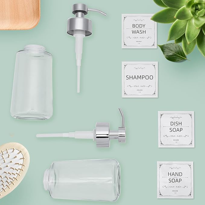 Soap Dispenser, Clear Glass Soap Dispenser with Rust Proof Pump, 16oz Liquid Soap Pump with Waterproof Labels, Dish & Hand Soap for Bathroom, Kitchen, Chrome Pump, Pack of 2 - Image 5