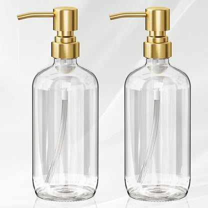AmazerBath Soap Dispenser, 2 Pack Glass Soap Dispenser with Pump Stainless Steel, 17 Oz Clear Gold Hand Soap Dispensers for Bathroom and Kitchen by AmazerBath