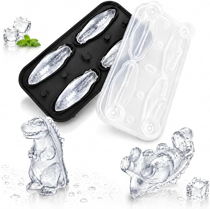 Dinosaur Ice Cube Tray Mold - 3D Dino Shape Ice Cube Trays, Cute Monster Ice Cube Molds for Whiskey Bourbon, 4-Hole Large Fun Shapes Ice Cube Trays with Lid, Funny Dinosaur Gifts for Lovers Women Men