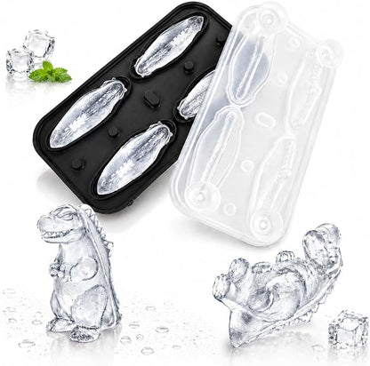 Dinosaur Ice Cube Tray Mold - 3D Dino Shape Ice Cube Trays, Cute Monster Ice Cube Molds for Whiskey Bourbon, 4-Hole Large Fun Shapes Ice Cube Trays with Lid, Funny Dinosaur Gifts for Lovers Women Men