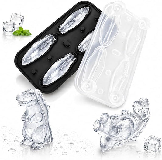 Dinosaur Ice Cube Tray Mold - 3D Dino Shape Ice Cube Trays, Cute Monster Ice Cube Molds for Whiskey Bourbon, 4-Hole Large Fun Shapes Ice Cube Trays with Lid, Funny Dinosaur Gifts for Lovers Women Men