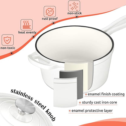HaSteeL 3 QT Cast Iron Saucepan, Enamel dutch oven with lid, Small Non Stick Pan for Milk, Pasta Tomato Sauce, Butter, Breakfast, Soup, Suitable for Boiling Stewing Frying, Easy to Clean, White