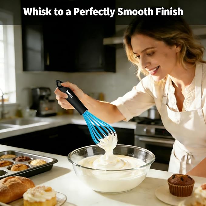 Anaeat Silicone Kitchen Whisk Set of 4, Perfect for Non-Stick Cookware, Milk and Egg Beater Blender for Whisking, Cooking, Baking, Beating - 11'' Flat Whisk and 9''+11''+12'' Balloon Whisks (Blue) - Image 2