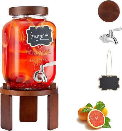 1 Gallon Drink Dispenser for Parties,Glass Beverage Dispenser with Stand,Water Dispenser with 18/8 Stainless Steel Spigot,Lemonade Stand Dispenser for Fridge,Juice,Punch,Cocktails,Ice Tea & Sun Tea by FavorFlavor