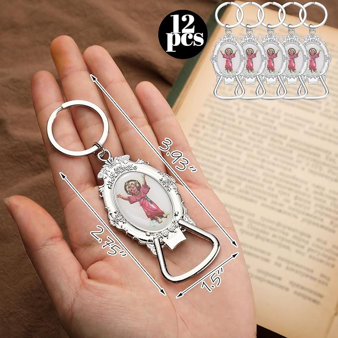 Misdary 12 Pcs Divine Jesus Bottle Opener Keychain Catholic Bottle Opener with Organza Baptism Party Favor for Guest