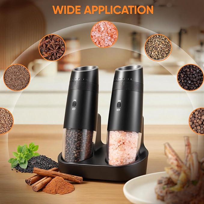 Gravity Electric Salt and Pepper Grinder Set Rechargeable with Charging Base, Automatic Shakers Pepper Mill, Large Capacity, 6-Level External Adjustable Coarseness, LED Light, Kitchen Gadgets