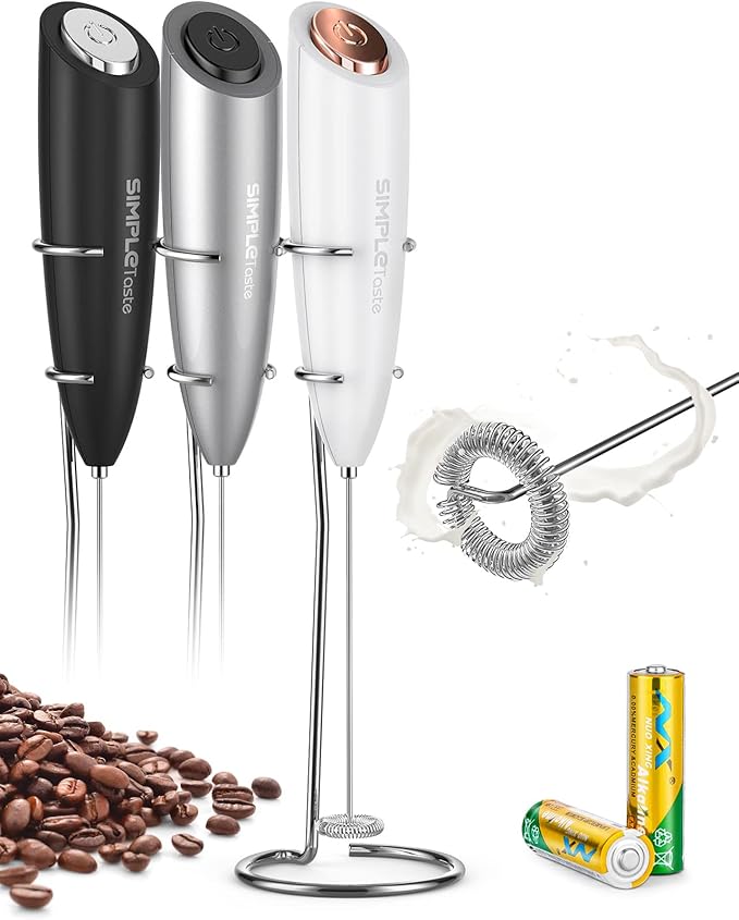 SIMPLETASTE Milk Frother Handheld Electric Foam Maker, Drink Mixer with Stainless Steel Whisk for Cappuccino, Bulletproof Coffee, Latte, White, with Stand, Battery Operated by SIMPLETaste
